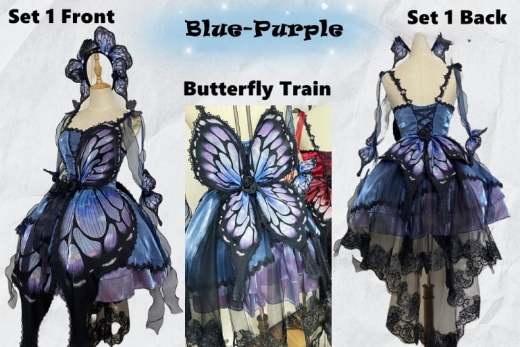 Blue-Purple Butterfly Jumper Skirt Full Set Gothic Princess Dress with Butterfly Train