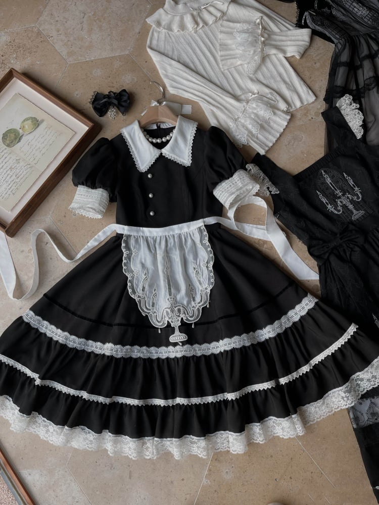 Black and White Short Puff Sleeves One Piece - Sukuroi