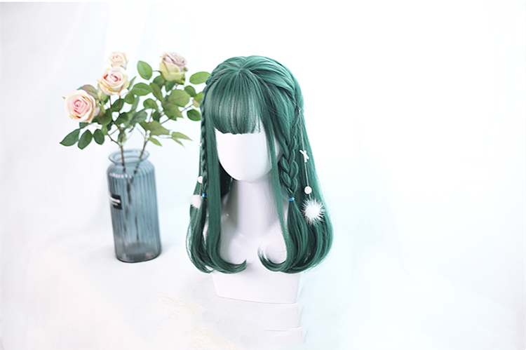 Dark Green Mid-length Inner Button Synthetic Wig