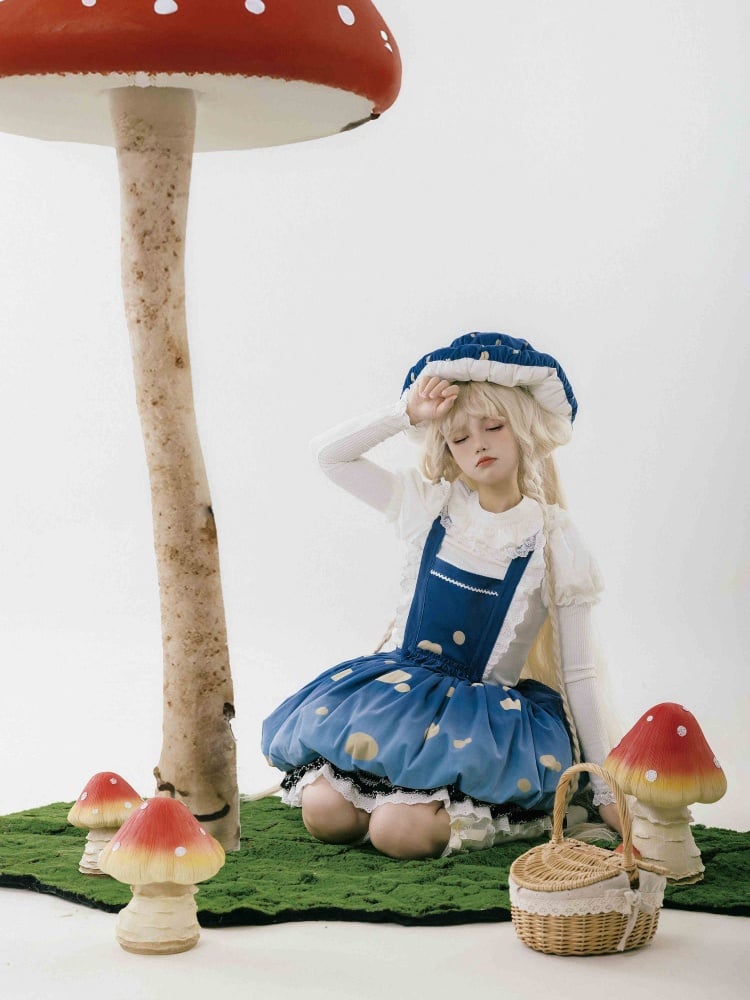 Blue Winter Mushroom Bubble Overall Skirt Detachable Bodice