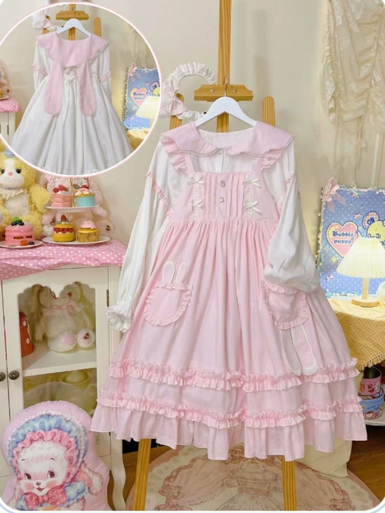 Blue/White/Pink Bowknot Details Empire Waist Overalls Bunny Ears Pockets