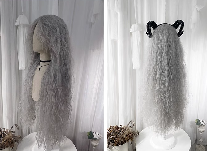 Grey 120CM Long Wavy Synthetic Wig with Curly Bangs