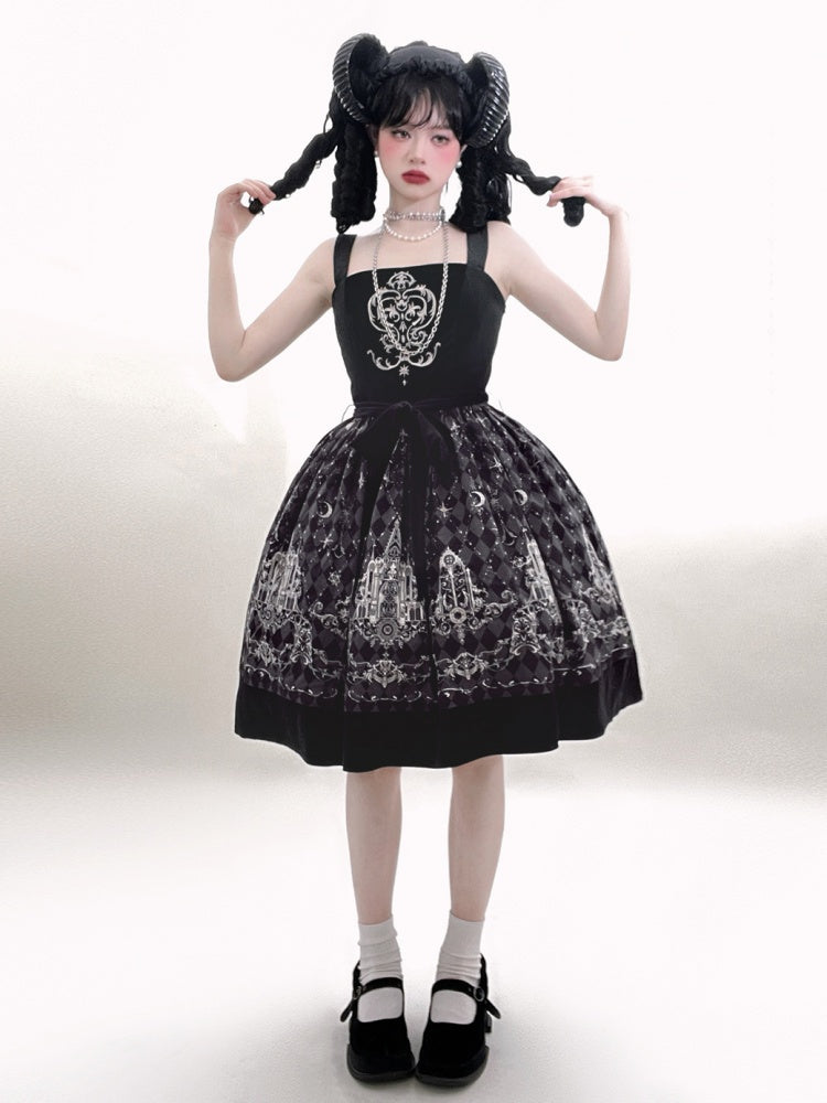 Black Velvet Bodice Check Pattern Gothic Jumper Skirt