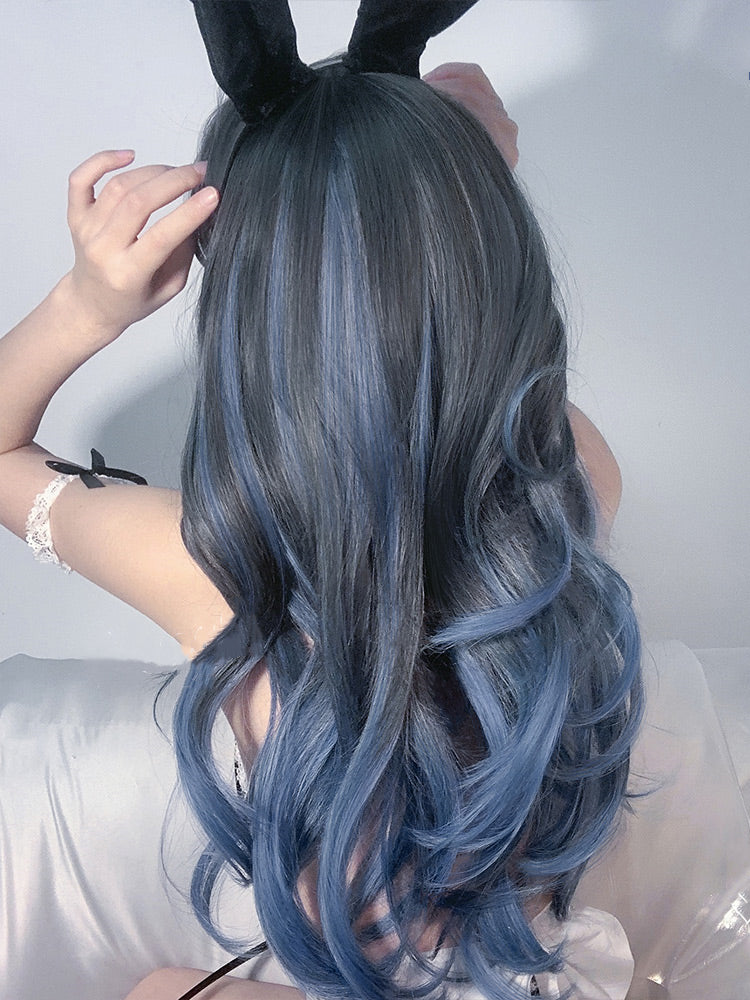 Dark Gray to Blue Ombre Wavy Synthetic Wig