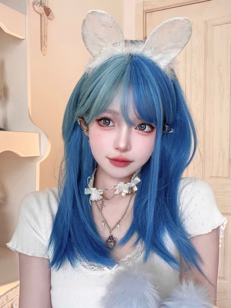 Split Color Bangs Cyan Highlights Sky Blue Straight Synthetic Wig