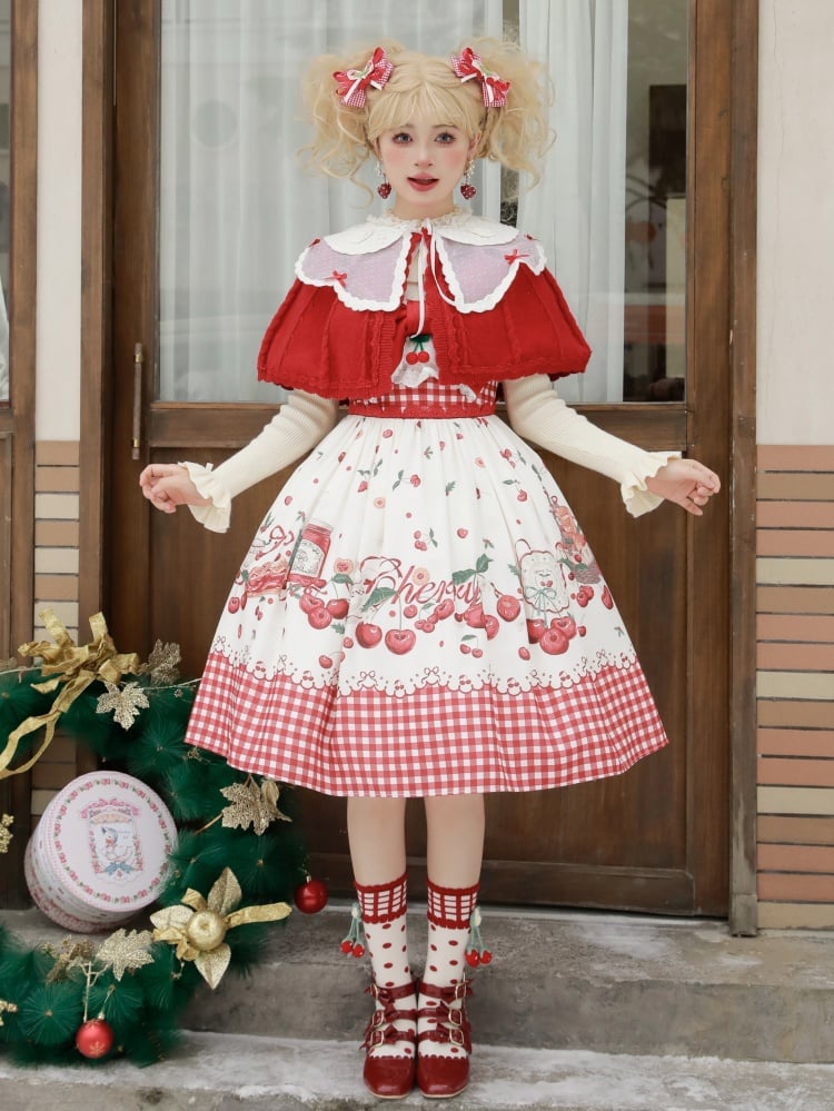 Cherry Print High Waist Red Gingham Pattern Jumper Skirt