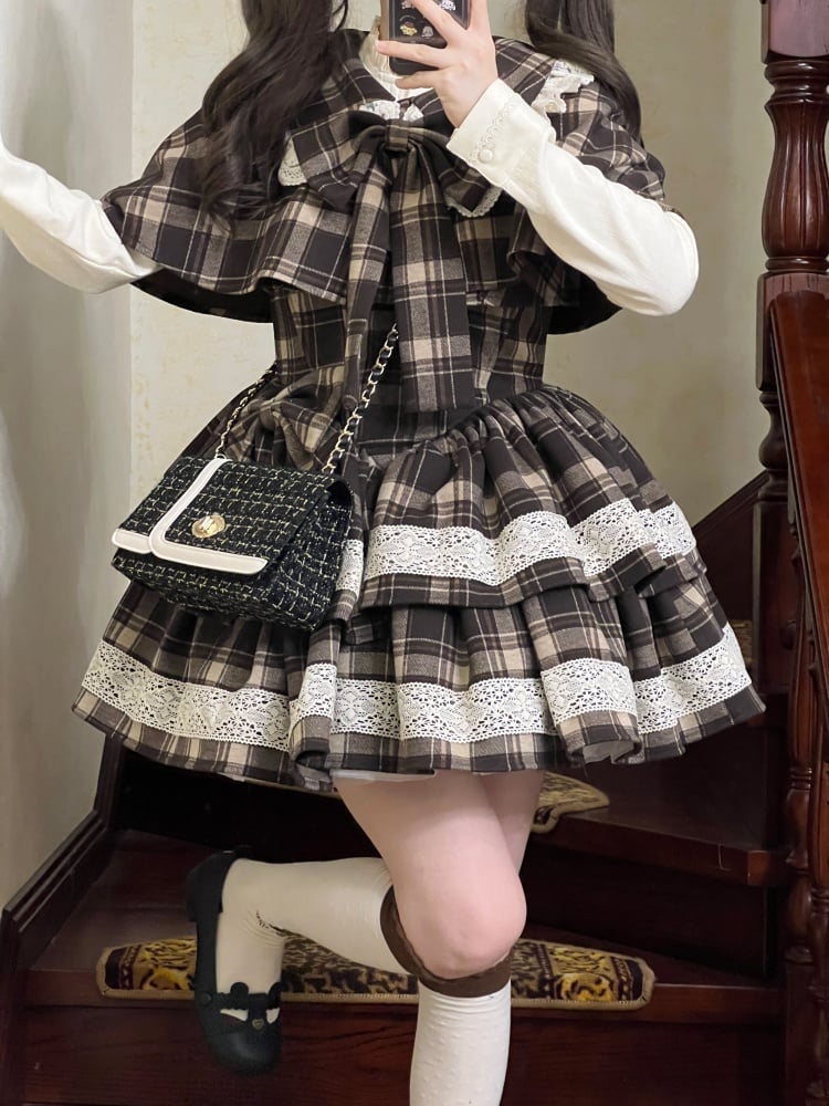 Brown Plaid Pattern Little Detective Jumper Skirt + Cape + Beret - Sukuroi