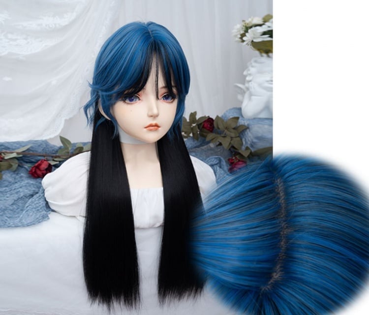 Dark Blue Highlights Black Long Straight Synthetic Wig