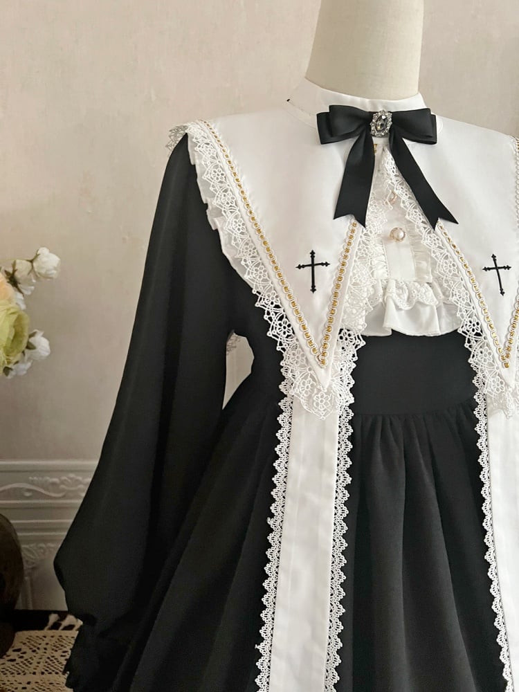 Black and White Cross Embroidery Pointed Collar with Straps One Piece