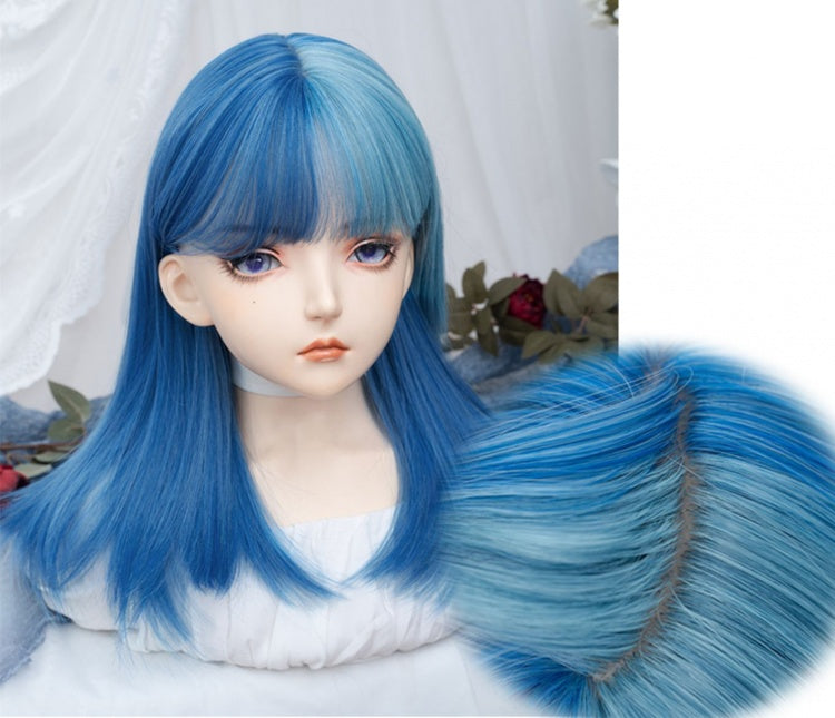 Split Color Bangs Cyan Highlights Sky Blue Straight Synthetic Wig