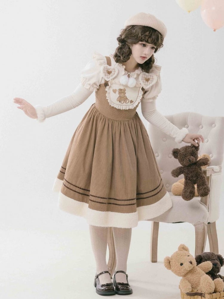 Brown Teddy Embroidery Corduroy Jumper Skirt with Big Plaid Bowknot - Sukuroi