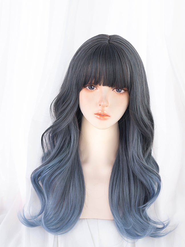 Dark Gray to Blue Ombre Wavy Synthetic Wig