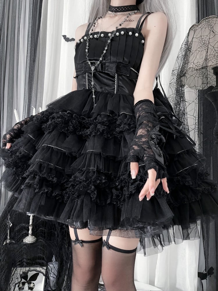 Black Balletcore Princess Dress Pleating Details Bodice Puffy Skirt Jumper Skirt