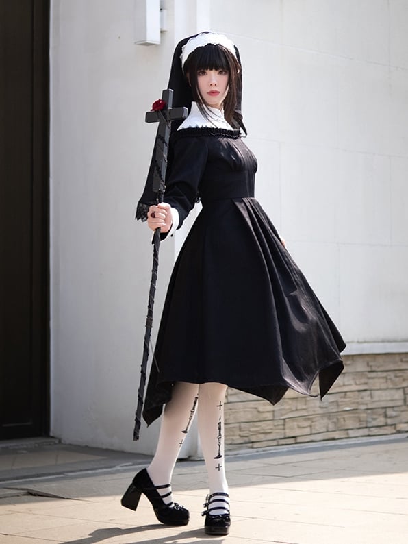 Embroidery Banded Collar Black and White Nun One Piece