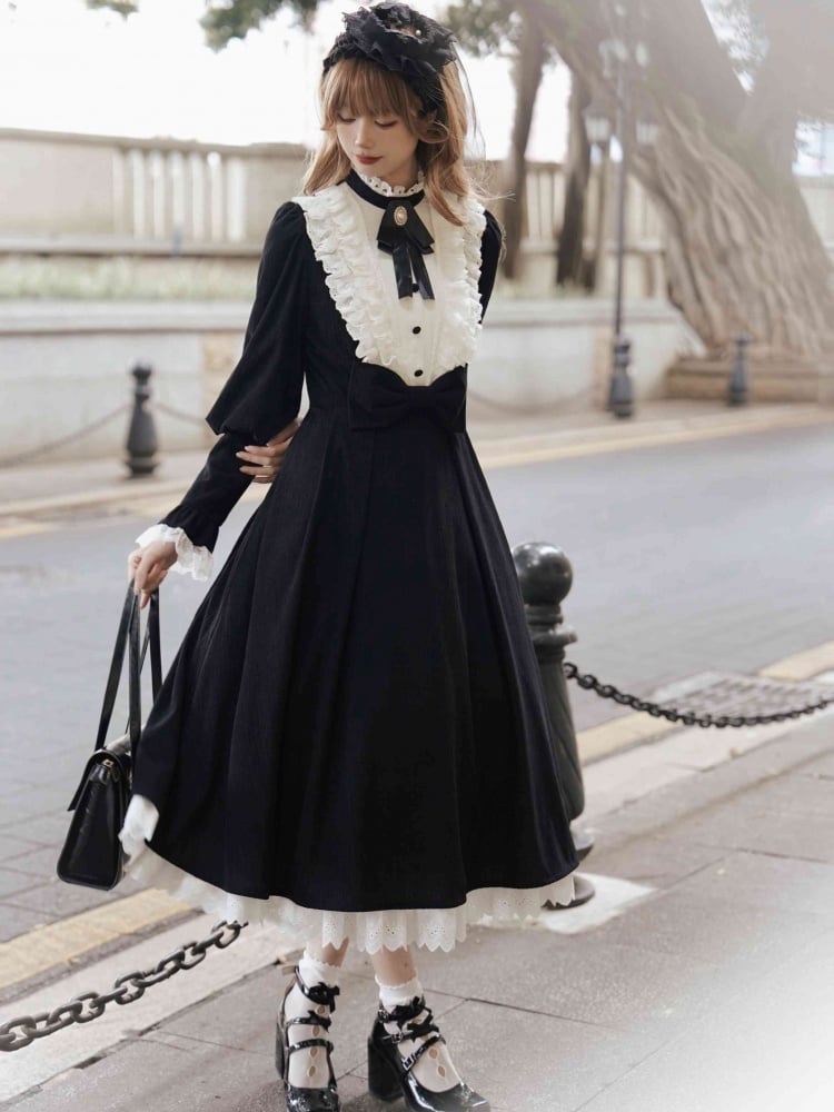 Black and White Elegant Leg-of-Mutton Sleeves One Piece