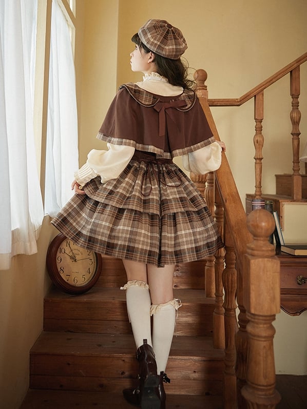 Dark Academia Fashion Little Detective Plaid Dress Brown Jumper Skirt + Cape Set