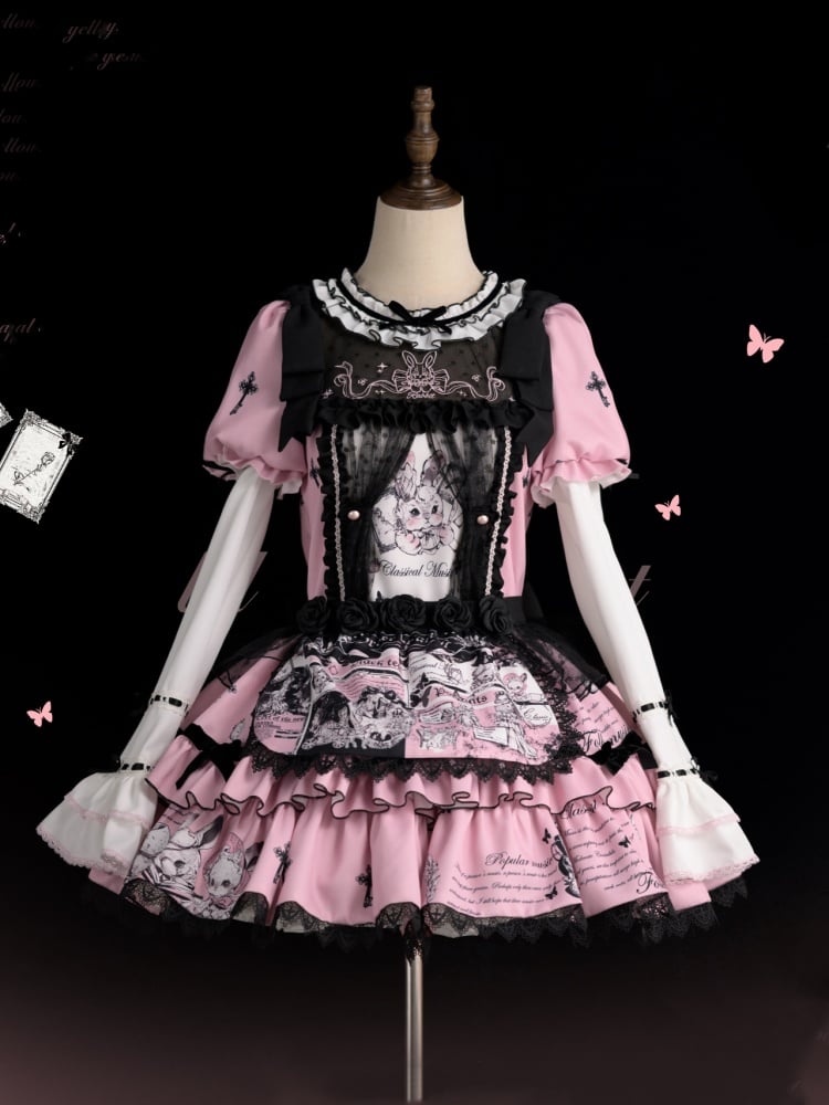 Black and Pink Cross and Bunny Print One Piece with Detachable Sleeves - Sukuroi