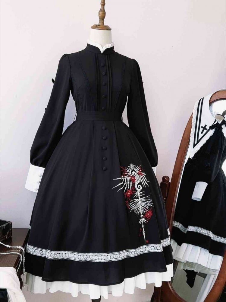 Gothic Skeleton and Floral Embroidery Nun Banded Collar One Piece Black and White