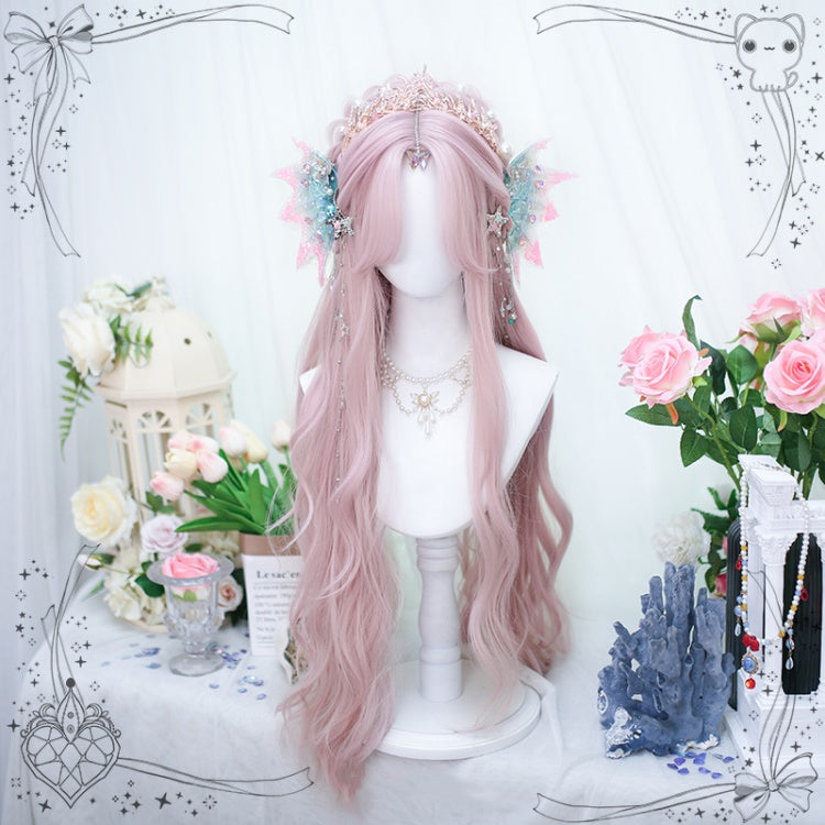 Curtain Bangs Pink Long Wavy Synthetic Wig