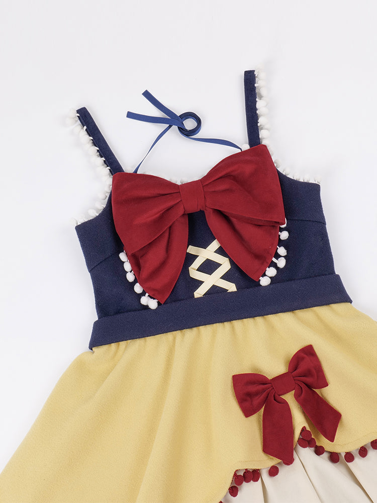 Snow White Dark Blue and Yellow Pompoms Trimmed Jumper Skirt