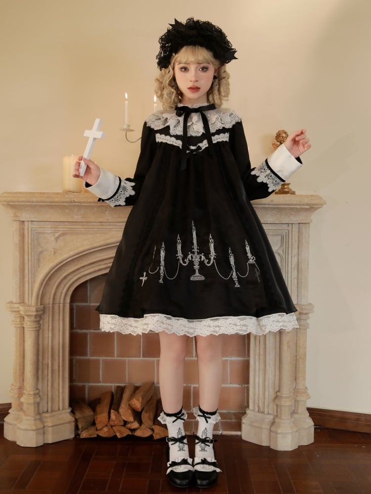 Black and White Candlestick Embroidery One Piece - Sukuroi