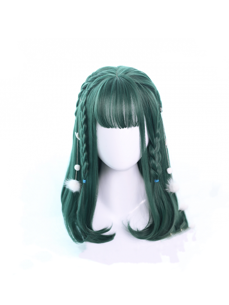 Dark Green Mid-length Inner Button Synthetic Wig