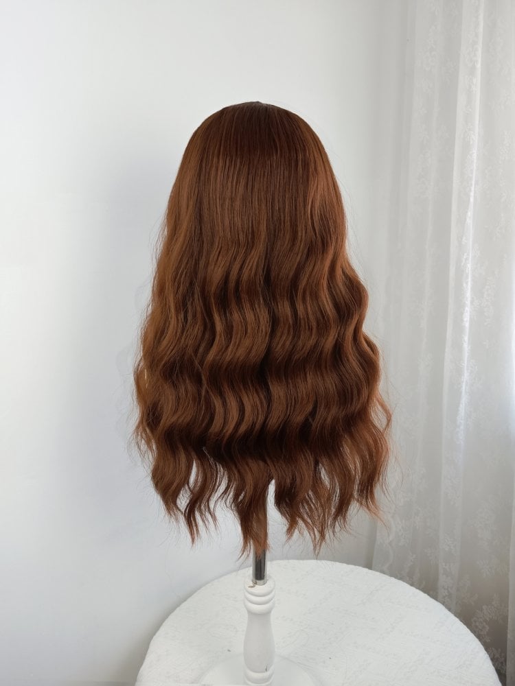 Orange Brown Long Wavy Synthetic Wig With Bangs