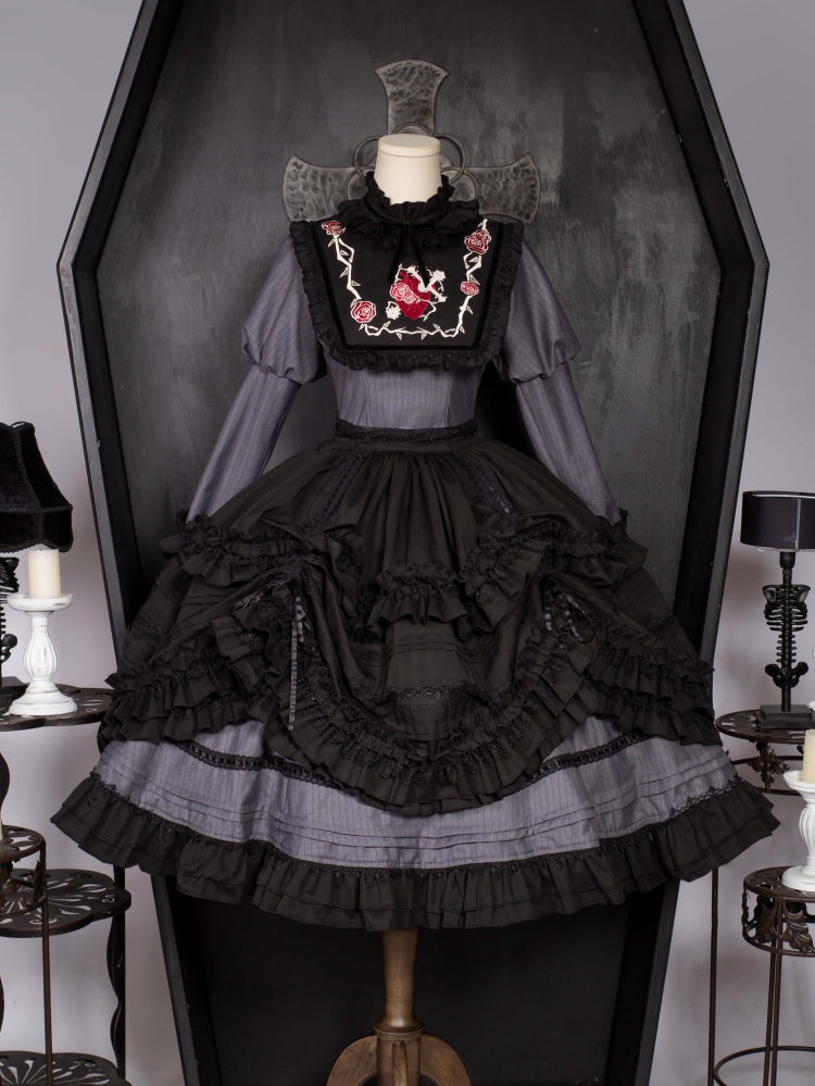 Black and Gray Gothic Ruffle Neckline Juliette Sleeves One Piece Full Set