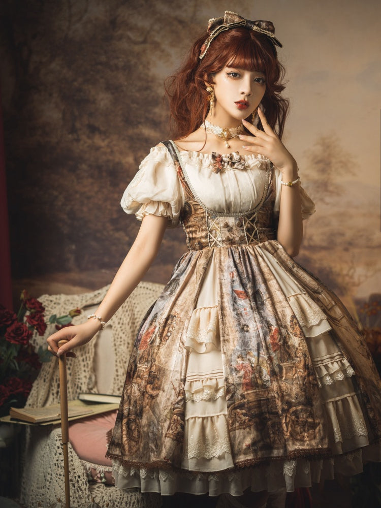 Gloria Oil Painting Print Hem Ruffle Hemline Underbust Elegant Jumper Skirt Full Set