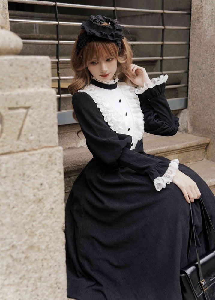 Black and White Elegant Leg-of-Mutton Sleeves One Piece