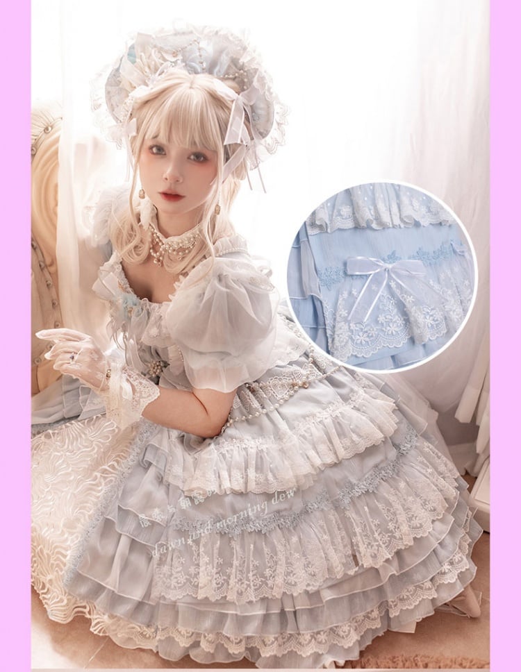 Clearance-Size S for Bust 78-88CM Garden Dance Light Blue Short Puff Sleeves Elegant One Piece