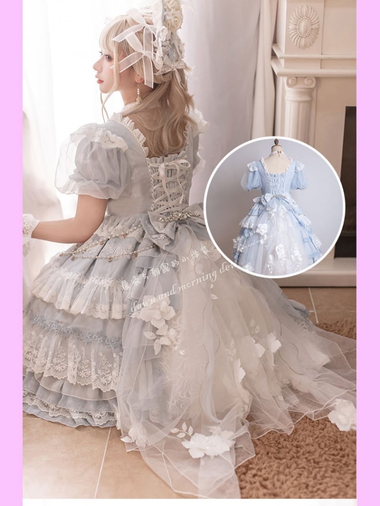 Clearance-Size S for Bust 78-88CM Garden Dance Light Blue Short Puff Sleeves Elegant One Piece
