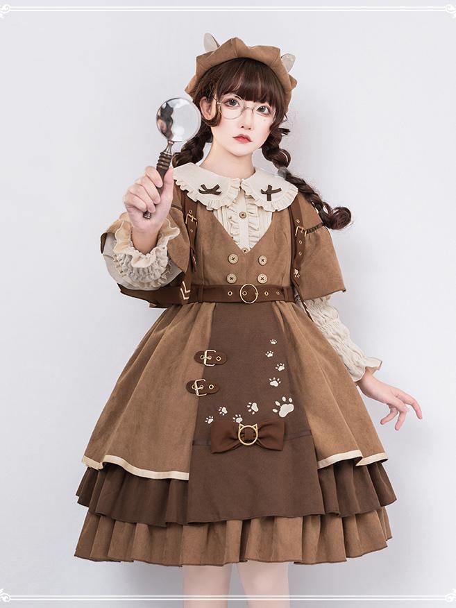 Detective Kitten V-neckline Jumper Skirt / Leg-of-mutton Sleeves Shirt / Cape Full Set