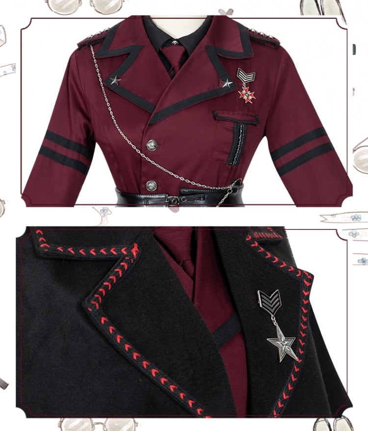 Military Style Outfits-Wine Red One Piece / Black Shirt / Black Cape