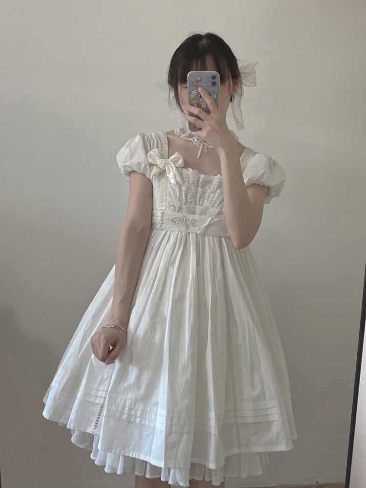 Flower Note Color White Square Neckline Empire Waist One Piece