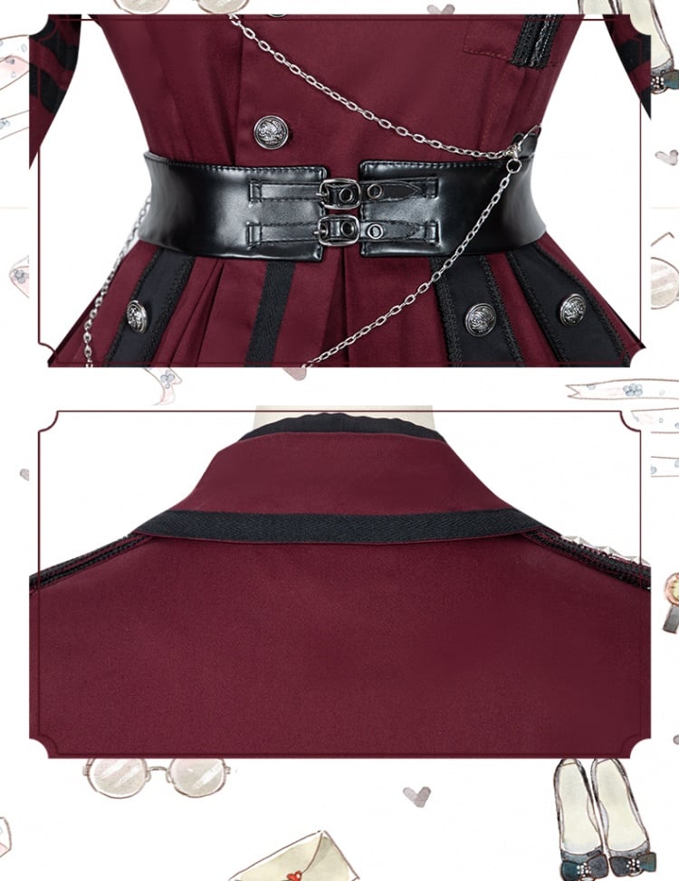 Military Style Outfits-Wine Red One Piece / Black Shirt / Black Cape