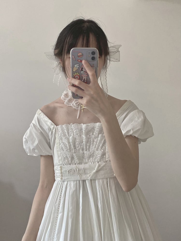 Flower Note Color White Square Neckline Empire Waist One Piece