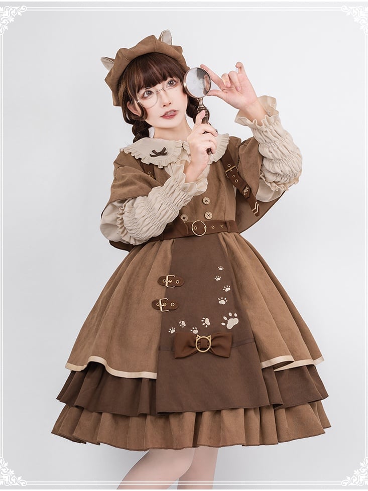 Detective Kitten V-neckline Jumper Skirt / Leg-of-mutton Sleeves Shirt / Cape Full Set