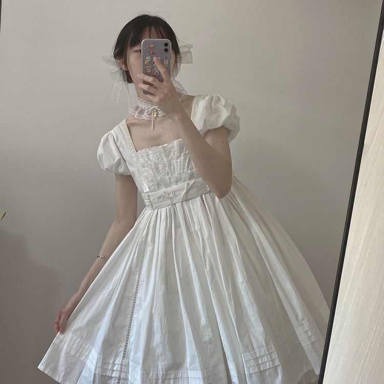 Flower Note Color White Square Neckline Empire Waist One Piece