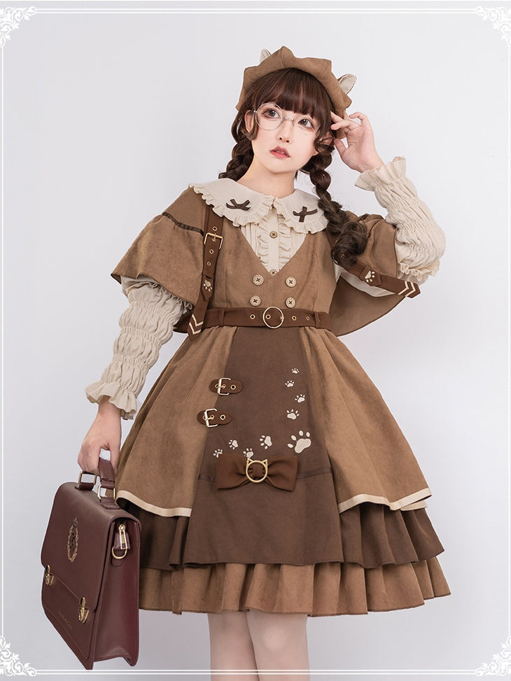 Detective Kitten V-neckline Jumper Skirt / Leg-of-mutton Sleeves Shirt / Cape Full Set