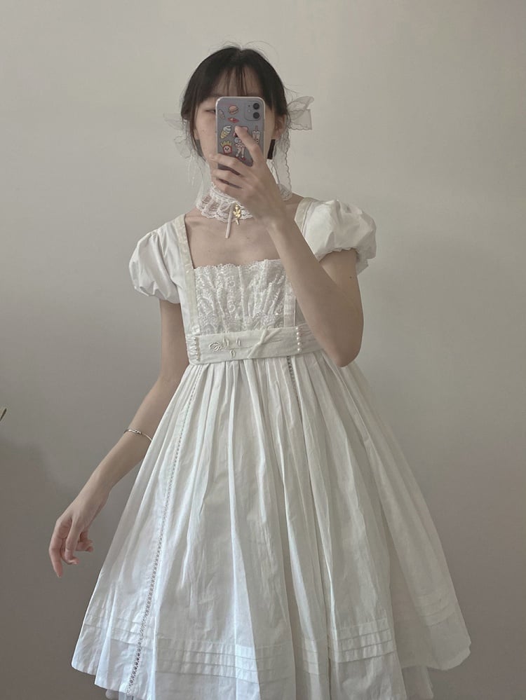 Flower Note Color White Square Neckline Empire Waist One Piece