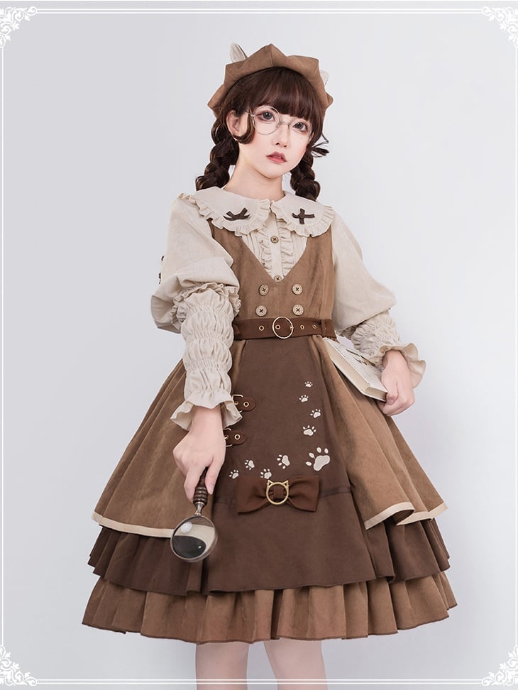 Detective Kitten V-neckline Jumper Skirt / Leg-of-mutton Sleeves Shirt / Cape Full Set