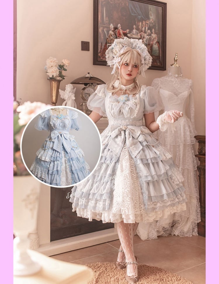 Clearance-Size S for Bust 78-88CM Garden Dance Light Blue Short Puff Sleeves Elegant One Piece