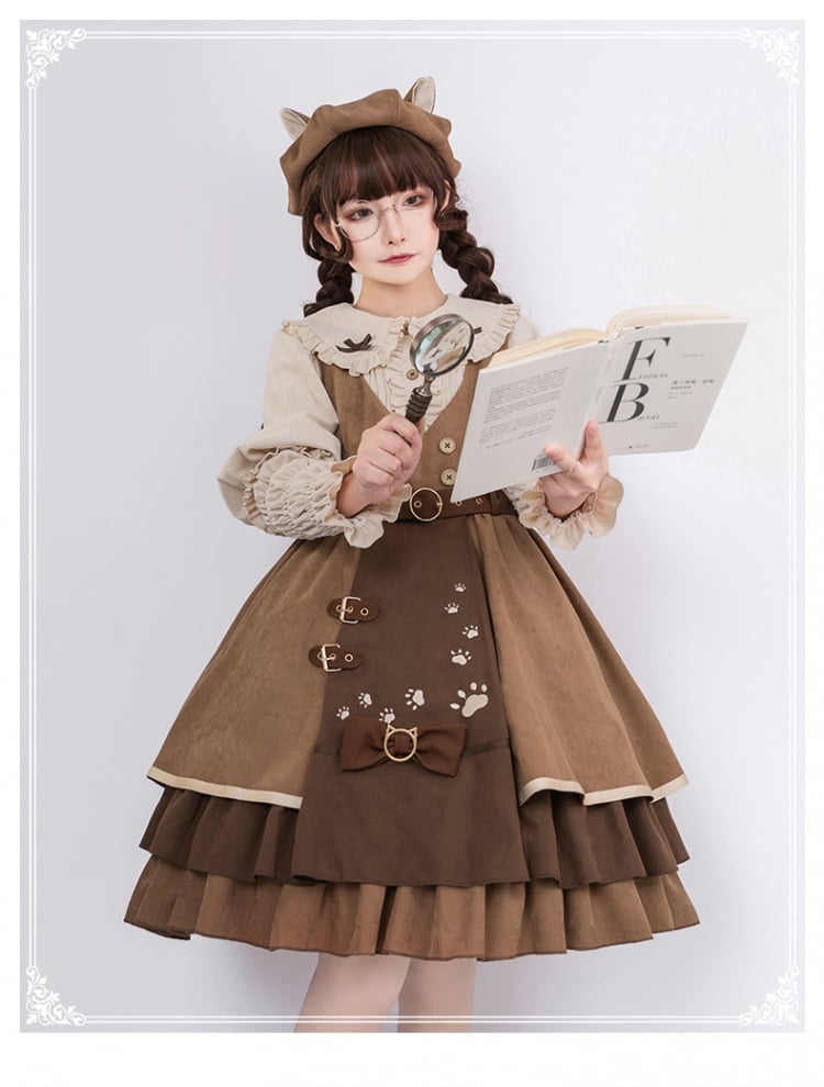 Detective Kitten V-neckline Jumper Skirt / Leg-of-mutton Sleeves Shirt / Cape Full Set