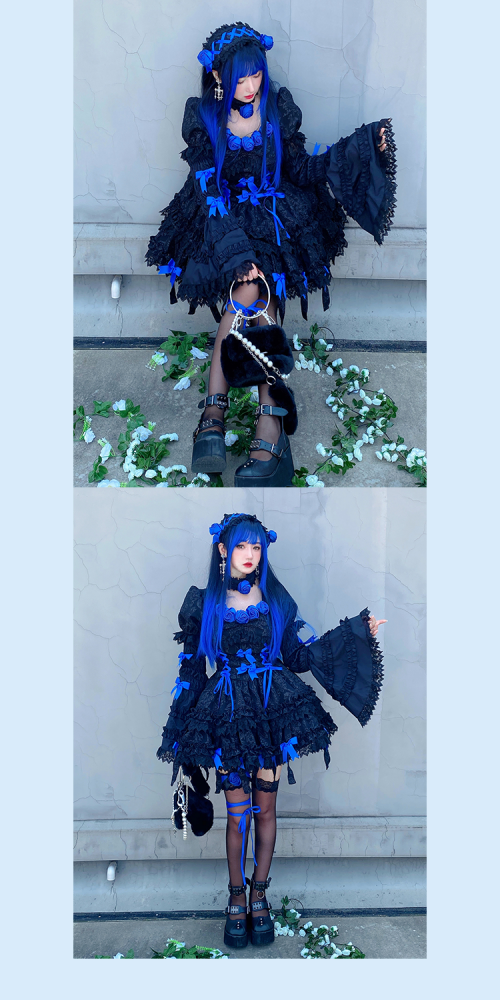 Black&Dark Blue Twins Short Puff Sleeves A-line Skirt Gothic One Piece Full Set