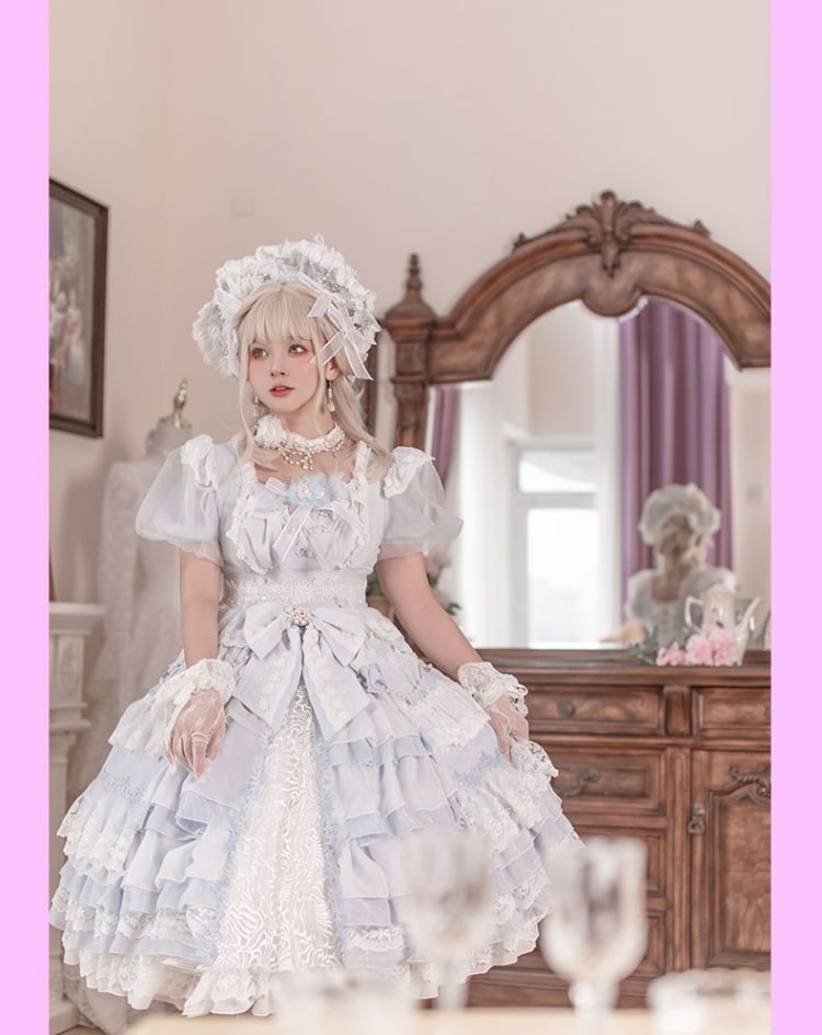 Clearance-Size S for Bust 78-88CM Garden Dance Light Blue Short Puff Sleeves Elegant One Piece