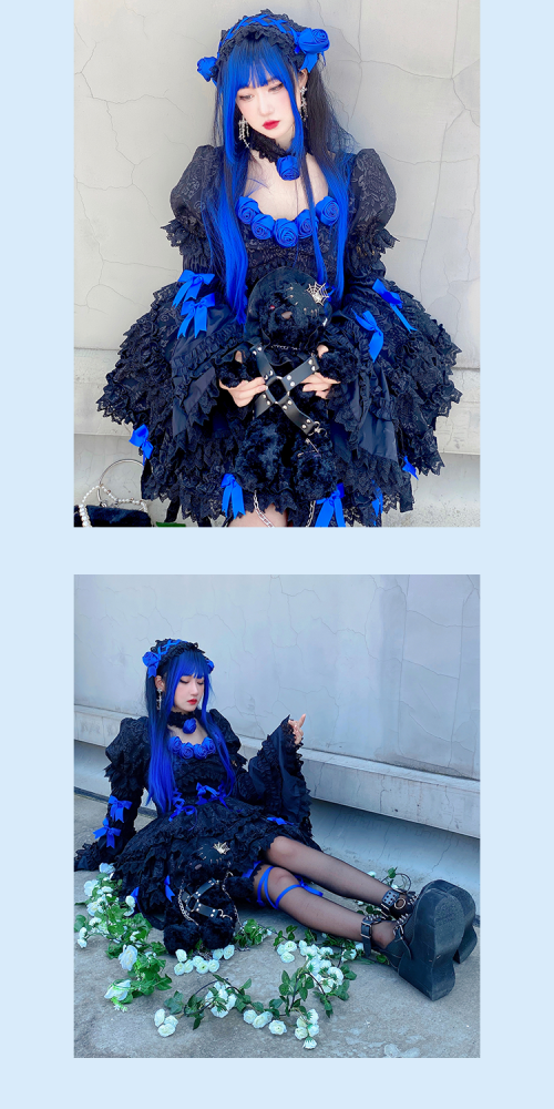 Black&Dark Blue Twins Short Puff Sleeves A-line Skirt Gothic One Piece Full Set