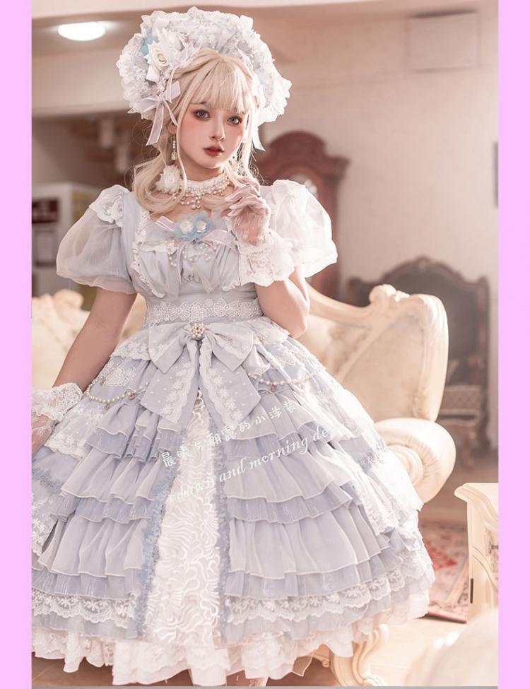Clearance-Size S for Bust 78-88CM Garden Dance Light Blue Short Puff Sleeves Elegant One Piece
