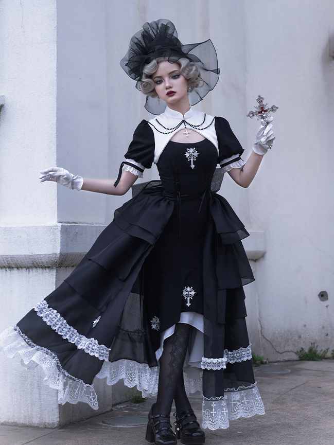 Cross Embroidery Mermaid Skirt Gothic One Piece with Overskirt Full Set Nun Dress