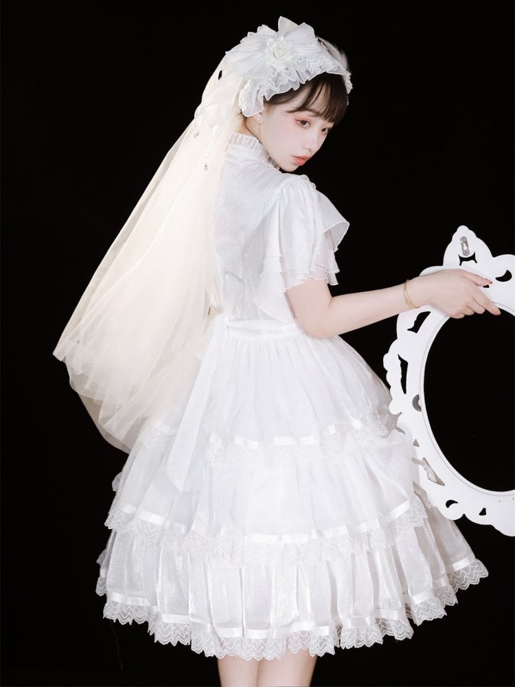 Dawn Night Banquet White Illusion Neckline Flounce Sleeves Tiered Skirt and Ruffle Trim Short Sleeves Lolita OP